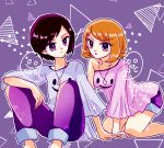  1boy 1girl abstract_background all_fours asymmetrical_bangs asymmetrical_clothes bangs blonde_hair breasts feet_out_of_frame hibikileon jewelry pants pendant pink_shirt pokemon pokemon_special purple_background purple_pants purple_shorts purple_theme shirt short_hair shorts sitting small_breasts violet_eyes x_(pokemon) y_na_gaabena 