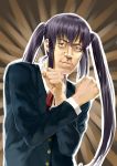  1girl azuma_takahiro bangs blue_jacket brown_background brown_eyes clenched_hands closed_mouth commentary_request emphasis_lines hands_up hobunsha jacket k-on! kyoto_animation long_hair long_sleeves looking_at_viewer manly matsui_hiroaki nakano_azusa neck_ribbon parody purple_hair real_life realistic red_ribbon ribbon school_uniform shirt sidelocks smile solo twintails upper_body very_long_hair what white_shirt 