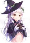  1girl absurdres black_gloves cropped_torso gloves hat highres hololive interlocked_fingers long_hair long_sleeves looking_at_viewer midriff murasaki_shion na_kyo navel orange_eyes simple_background smile solo virtual_youtuber white_background white_hair witch_hat 