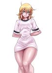  1girl absurdres ahoge arms_behind_back blonde_hair blue_eyes breasts eyebrows_visible_through_hair hair_between_eyes highres legs looking_at_viewer medium_hair nell_(nisego) nisego original pajamas_challenge pulled_by_self shirt slender_waist small_breasts solo standing t-shirt taut_clothes taut_shirt thick_thighs thighs wide_hips 