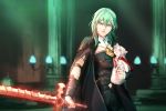  1girl 1other angerykacchan animalization blurry blurry_background byleth_(fire_emblem) byleth_eisner_(female) byleth_eisner_(female) cat edelgard_von_hresvelg english_commentary female fire_emblem fire_emblem:_three_houses fire_emblem:_three_houses fire_emblem_16 glowing glowing_sword glowing_weapon green_eyes green_hair highres holding holding_cat human intelligent_systems nintendo parody serious silver_hair sword_of_the_creator weapon 