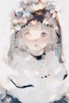  1girl absurdres bangs blunt_bangs blush commentary_request flower grey_eyes highres hood hood_up looking_at_viewer orie_h original short_hair snow solo white_hair 