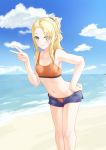  1girl absurdres bangs beach bikini black_scrunchie blonde_hair blue_eyes blue_shorts blue_sky blush breasts clouds collarbone day eyebrows_visible_through_hair grin hair_ornament hair_scrunchie hand_on_hip high_ponytail highres leaning_forward light_(sdga5524) long_hair looking_at_viewer micro_shorts navel ocean open_clothes open_shorts orange_bikini outdoors parted_bangs scrunchie seishun_buta_yarou shorts sky small_breasts smile solo sports_bikini standing swimsuit toyohama_nodoka v 