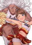  2girls armpits asahina_aoi bloomers blue_eyes breasts brown_hair cheerleader closed_mouth dangan_ronpa dangan_ronpa_1 dark_skin hair_ornament hairclip highres long_hair looking_at_viewer midriff multiple_girls muscle muscular_female navel one_eye_closed oogami_sakura open_mouth pom_poms ponytail scar short_hair simple_background skirt sleeveless smile tsurui underwear white_background white_hair 