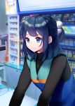  1girl bangs blue_eyes blue_hair blue_theme blue_vest breasts closed_mouth convenience_store hair_ornament highres looking_to_the_side medium_hair original ponytail shop smile solo teyan upper_body vest waistcoat 