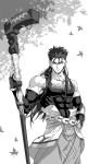  1boy cape_removed cu_chulainn_(fate)_(all) cu_chulainn_(fate/grand_order) earrings elbow_gloves fate/grand_order fate_(series) fingerless_gloves gloves greyscale highres jewelry kim_yura_(goddess_mechanic) leaf long_hair male_focus maple_leaf monochrome solo staff 