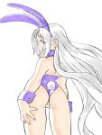  1girl absurdres animal_ears asimatosinosin backless_leotard bangs bare_legs bunny_tail cowboy_shot cuffs fake_animal_ears from_behind highres iron_maiden_jeanne leotard long_hair looking_at_viewer profile purple_leotard rabbit_ears red_eyes shaman_king sidelocks simple_background solo tail thong_leotard very_long_hair white_background white_hair 