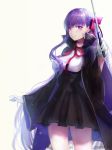  1girl bangs bb_(fate)_(all) bb_(fate/extra_ccc) black_cape black_skirt bow cape closed_mouth cowboy_shot fate/extra fate/extra_ccc fate_(series) floating_hair gloves hair_bow haori_iori high-waist_skirt highres holding long_hair miniskirt neck_ribbon pleated_skirt purple_hair red_bow red_ribbon ribbon shiny shiny_hair shirt simple_background skirt smile solo standing very_long_hair violet_eyes white_background white_gloves white_shirt 