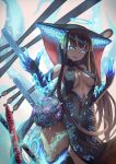  1girl artist_request bangs bare_shoulders black_dress black_gloves black_headwear black_legwear blue_eyes blue_fire blunt_bangs breasts center_opening covered_navel dress elbow_gloves fate/grand_order fate_(series) fire floral_print flute gloves gradient gradient_background hair_ornament halo hands_up highres instrument large_breasts leaf_hair_ornament long_hair looking_at_viewer open_mouth pipa_(instrument) purple_hair sash smile solo thigh-highs thighs very_long_hair yang_guifei_(fate/grand_order) 