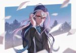  1boy arm_up black_jacket blue_hair blue_sky cellphone closed_mouth collar collared_jacket eyeshadow facial_mark fate/grand_order fate_(series) forest glasses highres holding holding_phone jacket long_hair long_sleeves looking_at_viewer makeup male_focus multicolored_hair nature phone qin_shi_huang_(fate/grand_order) shirt sky soladreamer solo two-tone_hair upper_body white_shirt yellow_eyes 