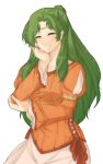  1girl blush brown_eyes chin_rest closed_eyes collarbone crown dress earrings elincia_ridell_crimea eyebrows_visible_through_hair fire_emblem fire_emblem:_path_of_radiance fire_emblem:_radiant_dawn fire_emblem_heroes green_hair hair_bun hand_on_own_cheek hand_on_own_elbow hand_on_own_face jewelry light_blush long_hair long_sleeves looking_at_viewer open_mouth parted_lips ribbon smile solo transparent_background tridisart 