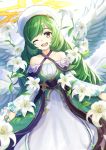  1girl ;d angel_wings bangs dress feathered_wings flower from_above gabriel_(monster_strike) green_hair hat highres lily_(flower) long_dress long_hair long_sleeves looking_at_viewer lying monster_strike on_back one_eye_closed open_mouth shiny shiny_hair smile solo strapless strapless_dress swept_bangs tsuseki very_long_hair white_dress white_flower white_headwear white_wings wings yellow_eyes 