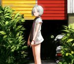  1girl blue_eyes bracelet building drawstring feet_out_of_frame ground_vehicle highres jewelry license_plate looking_at_viewer motor_vehicle motorcycle original outdoors plant sara_manta short_hair short_sleeves solo white_hair 