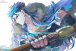  1boy blue_hair blurry capelet cu_chulainn_(fate)_(all) cu_chulainn_(fate/grand_order) depth_of_field earrings fate/grand_order fate_(series) fur-trimmed_capelet fur_trim jewelry kim_yura_(goddess_mechanic) long_hair male_focus red_eyes solo staff upper_body 