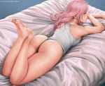  1girl artist_name ass bare_legs barefoot bed_sheet chloe_(sciamano240) commentary earrings english_commentary feet green_panties jewelry legs long_hair lying original panties pink_hair sciamano240 signature solo underwear 