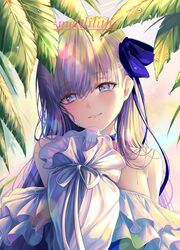  1girl absurdres bangs bare_shoulders blue_bow blue_choker blue_eyes blunt_bangs blush bow character_name choker eyebrows_visible_through_hair fate/grand_order fate_(series) frills hair_bow highres huyou_(awegk) long_hair long_sleeves looking_at_viewer meltryllis outdoors palm_leaf parted_lips purple_hair ribbon sky sleeves_past_fingers sleeves_past_wrists smile solo upper_body water_drop white_ribbon 