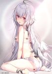  1girl angel_wings ass bare_shoulders black_ribbon bra breasts feathered_wings halo komeshiro_kasu long_hair looking_at_viewer looking_back low_wings medium_breasts original panties rainbow red_eyes ribbon silver_hair sitting solo tongue tongue_out underwear underwear_only very_long_hair wariza white_bra white_panties wings 