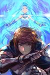  1boy 1girl ahoge armor aura bare_shoulders blue_eyes blue_hair breasts brown_eyes brown_hair closed_mouth dress gran_(granblue_fantasy) granblue_fantasy hankuri long_hair looking_at_viewer lyria_(granblue_fantasy) open_mouth sword very_long_hair weapon white_dress 