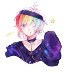  1boy ahoge choker eyebrows_visible_through_hair headband highres iida_rintarou lip_piercing looking_at_viewer multicolored_hair nori_(1304765743) okami_game_(werewolf) one_eye_closed piercing rainbow_hair safety_pin sleeves_past_fingers sleeves_past_wrists smile solo spoken_star star violet_eyes 