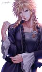  1boy blonde_hair bow braid cloud_strife crossdressinging dress final_fantasy final_fantasy_vii frills highres hiromyan looking_at_viewer playing_with_own_hair signature simple_background solo spiky_hair twin_braids white_background 