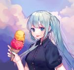  1girl arm_up bangs black_shirt blue_eyes blue_hair blush buttons clouds collar collared_shirt food food_on_face foog hair_between_eyes hatsune_miku highres holding holding_food ice_cream long_hair shirt short_sleeves sky smile solo summer teyan tongue tongue_out twintails upper_body very_long_hair vocaloid 