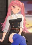  1girl belt blue_legwear closed_mouth fire_emblem fire_emblem:_three_houses garreg_mach_monastery_uniform highres hilda_valentine_goneril long_hair merc_tn one_eye_closed pink_eyes pink_hair smile solo thigh-highs twintails uniform 