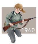  1girl absurdres blue_eyes bolt_action brown_hair germany gun hair_ornament hairclip highres holding holding_gun holding_weapon mauser_98 military military_uniform original ponytail rifle shichisaburo solo uniform weapon world_war_ii 