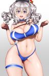  1girl alternate_costume beret bikini blue_bikini blue_eyes blush breasts eyebrows_visible_through_hair gradient gradient_background hair_between_eyes hamaguri_(hamaguri1234) hat highres kantai_collection kashima_(kantai_collection) large_breasts long_hair looking_at_viewer navel silver_hair smile solo swimsuit twintails wavy_hair 