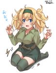  1girl blonde_hair blue_eyes breasts commentary_request dated full_body gambier_bay_(kantai_collection) green_hairband green_legwear green_shirt green_shorts hairband highres kantai_collection large_breasts long_hair long_sleeves looking_at_viewer meguru_(megurunn) shirt shorts simple_background sitting solo thigh-highs trembling twintails twitter_username wariza white_background 