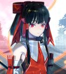  1girl adapted_costume bangs bare_shoulders black_hair black_legwear bow close-up commentary detached_sleeves dress full_body gohei hair_bow hair_tubes hakurei_reimu long_sleeves looking_at_viewer outdoors red_bow red_dress red_eyes short_hair_with_long_locks sidelocks solo standing torii touhou upper_body zounose 