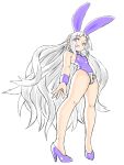  1girl absurdres animal_ears asimatosinosin bangs bare_legs breasts collar cuffs eyes_visible_through_hair fake_animal_ears full_body high_heels highres iron_maiden_jeanne keyhole leotard long_hair looking_at_viewer parted_lips purple_footwear purple_leotard rabbit_ears red_eyes shaman_king sidelocks simple_background small_breasts solo standing very_long_hair white_background white_hair 