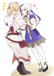  2girls blonde_hair blue_eyes catherine_(fire_emblem) dark_skin dress fire_emblem fire_emblem:_three_houses hair_ornament hand_on_another&#039;s_head high_heels long_hair long_sleeves lysithea_von_ordelia multiple_girls open_mouth pink_eyes ponytail simple_background totototope white_background white_hair white_legwear 