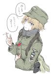  1girl aqua_eyes blonde_hair cigarette garrison_cap germany hat highres military military_uniform original shichisaburo short_hair smoking solo translated uniform upper_body white_background world_war_ii 