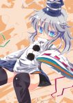  black_legwear blue_eyes flat_chest grey_hair hat japanese_clothes kariginu mononobe_no_futo muuba no_panties pom_pom_(clothes) ponytail smile star tate_eboshi touhou wide_sleeves 