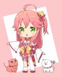  1girl 35p_(miko_channel) ahoge bell blush cat cherry_blossom_print chibi detached_sleeves floral_print full_body green_eyes hair_bell hair_ornament hairclip highres hololive kintoki_(miko_channel) long_hair looking_at_viewer nontraditional_miko one_side_up open_mouth pasara_hirahara pink_cat pink_footwear pink_hair sakura_miko sandals standing virtual_youtuber white_cat 
