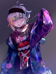  1boy absurdres ahoge artist_name choker chromatic_aberration eyebrows_visible_through_hair headband highres iida_rintarou lip_piercing looking_at_viewer multicolored_hair okami_game_(werewolf) open_mouth piercing rainbow_hair safety_pin sanpaku shimogu signature sleeves_past_fingers sleeves_past_wrists solo violet_eyes 