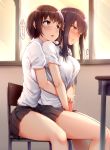  2girls breasts brown_hair highres hug hug_from_behind large_breasts long_hair moruta_(sunu-pio) multiple_girls original school_uniform short_hair smile translated yuri 