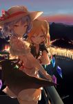  2girls :d alternate_costume artist_name bangs black_shirt blonde_hair blue_hair blush casual commentary_request contemporary cowboy_shot crystal dress dusk flandre_scarlet hat hat_ribbon highres lens_flare looking_at_viewer mountain mountainous_horizon multiple_girls no_hat no_headwear one_side_up open_mouth outdoors pink_eyes pink_ribbon pointy_ears railing remilia_scarlet ribbon sakusyo shirt short_dress short_hair siblings signature sisters smile standing touhou white_dress wings 