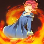  1girl breasts brown_eyes closed_mouth dress fire highres hood hoodie kumatora looking_at_viewer magic mother_(game) mother_3 one_eye_closed overalls pink_hair shifumame short_hair simple_background smile solo spiky_hair 