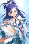  1girl blue_eyes blue_hair boots cure_white dress earrings futari_wa_precure half_updo hankuri heart jewelry knee_boots long_hair looking_at_viewer magical_girl precure simple_background smile solo yukishiro_honoka 