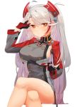  1girl absurdres antenna_hair ao_(1234painter) azur_lane bangs blush breasts closed_mouth crossed_legs eyebrows_visible_through_hair gloves hair_between_eyes headgear highres huge_filesize iron_cross large_breasts long_hair long_sleeves looking_at_viewer multicolored_hair orange_eyes prinz_eugen_(azur_lane) redhead silver_hair simple_background sitting solo streaked_hair swept_bangs thigh-highs two_side_up very_long_hair white_background 