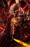  1boy absurdres artist_name aura beard dante_(devil_may_cry) dark_background darklitria demon_boy devil_may_cry devil_may_cry_5 devil_trigger facial_hair fangs glowing glowing_eyes highres horns jacket looking_at_viewer open_mouth red_eyes red_jacket silver_hair sin_devil_trigger solo stubble transformation upper_body wings 