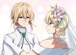  2girls bangs bare_shoulders blonde_hair blue_eyes bolo_tie braid bridal_veil brooch closed_mouth commentary dancing darjeeling_(girls_und_panzer) dress eyebrows_visible_through_hair flower girls_und_panzer gloves hair_flower hair_ornament hand_on_another&#039;s_shoulder highres jewelry juliet_sleeves long_dress long_sleeves looking_at_another multiple_girls off-shoulder_dress off_shoulder omachi_(slabco) pink_flower puffy_sleeves short_hair smile standing tied_hair twin_braids veil violet_evergarden violet_evergarden_(character) wedding_dress white_dress white_gloves wife_and_wife yuri 