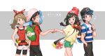  2boys 2girls backpack bag baseball_cap beanie black_eyes black_hair black_headwear breasts brown_hair copyright_name creature facing_another flat_chest gen_3_pokemon gen_7_pokemon grey_eyes hand_in_pocket handbag hands_on_hips haruka_(pokemon) hat hum_(fpswp777) litten looking_at_another medium_hair mizuki_(pokemon) mudkip multiple_boys multiple_girls pants pokemon pokemon_(creature) pokemon_(game) pokemon_on_shoulder pokemon_oras pokemon_sm shirt shorts small_breasts star striped striped_shirt tied_shirt twintails upper_body wristband yellow_shirt you_(pokemon) yuuki_(pokemon) 