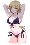  1girl armpits arms_up bikini black_bikini blonde_hair breasts cowboy_shot cropped_legs cute fire_emblem fire_emblem:_three_houses fire_emblem:_three_houses fire_emblem_16 front-tie_bikini front-tie_top green_eyes highres ingrid_brandl_galatea intelligent_systems long_hair navel nintendo purple_bikini sexy side-tie_bikini swimsuit white_background 