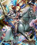  1girl armor blonde_hair blue_dress boots breasts closed_mouth clouds dress floating_hair flower flying hair_flower hair_ornament head_wings high_heel_boots high_heels highres holding holding_sword holding_weapon horseback_riding logo long_hair looking_at_viewer matsui_hiroaki medium_breasts metal_boots monster official_art pegasus red_flower riding rose shingeki_no_bahamut smile solo sword watermark weapon 