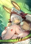  2others absurdres androgynous animal_ears eyebrows_visible_through_hair fangs flower furry highres holding holding_flower long_hair looking_at_another made_in_abyss maromayu mitty_(made_in_abyss) multiple_others nanachi_(made_in_abyss) open_mouth red_eyes smile upper_teeth whiskers white_hair yellow_eyes 