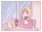  1girl animal_ears bear_ears blonde_hair blush border food fruit head_rest heart highres long_sleeves nokanok original overalls parfait pink_eyes short_hair signature sitting solo spoon strawberry table violet_eyes white_border window 