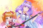  2girls :d aisaki_emiru bangs belt blue_belt blunt_bangs bow bowtie brown_hair crazypen double_bun eyebrows_visible_through_hair floating_hair hair_bow hairband holding holding_instrument hugtto!_precure index_finger_raised instrument long_hair long_sleeves looking_at_viewer multiple_girls nail_polish off-shoulder_shirt off_shoulder open_mouth outstretched_arm pink_nails precure purple_hair red_bow red_eyes red_neckwear ruru_amour shiny shiny_hair shirt smile twintails very_long_hair violet_eyes white_shirt wide_sleeves yellow_hairband 