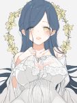  1girl araragi bare_shoulders blush breasts clothes_grab detached_sleeves dress eyes_visible_through_hair flower grey_background half_updo highres honzuki_no_gekokujou lace_trim large_breasts lily_(flower) long_hair looking_at_viewer maine_(honzuki_no_gekokujou) older open_mouth rose see-through simple_background tareme upper_body white_dress yellow_eyes 